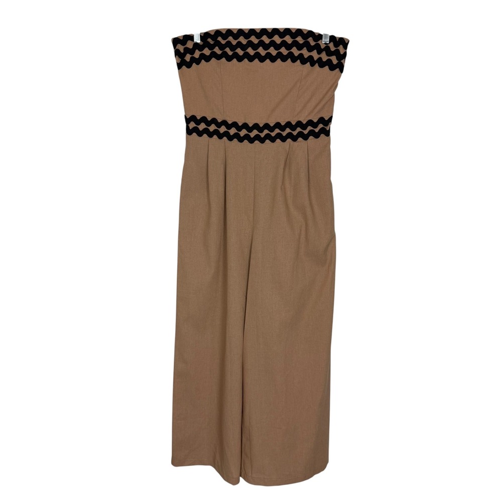 Cache Womens Strapless Wide Leg Jumpsuit Tan Black Ric Rac Trim Cotton Linen L